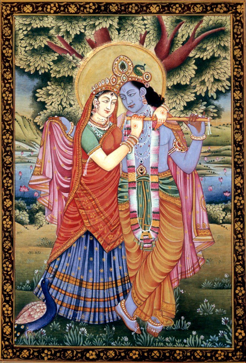 Radha og Krishna kærlighedsscene Miniaturemaleri på papir af School Indian
