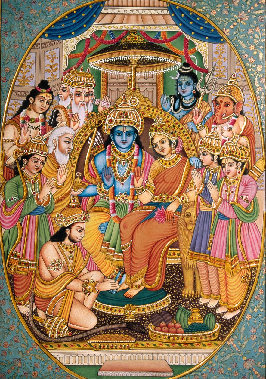 Ram-Darbar med andre guder Miniaturemaleri på papir af School Indian