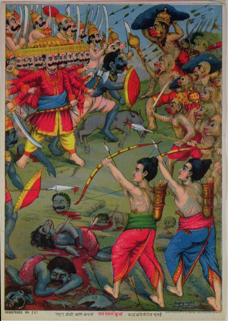 Rama og Lakshmana i kamp med Ravana, Ramayana-eposet, ca. 1914 (chromolitho) af School Indian