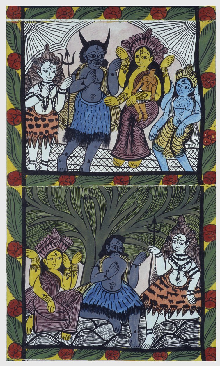 Shiva giver liv til Ganesha (Ganesh eller Ganapati), i armene på sin mor Parvati, efter at have skåret hendes hoved til en arm af vrede. Pat: malet rulle fra Bengal-regionen, der tjener som et fortællende medium for musikerne Baoul (eller baul). Leonard de af School Indian