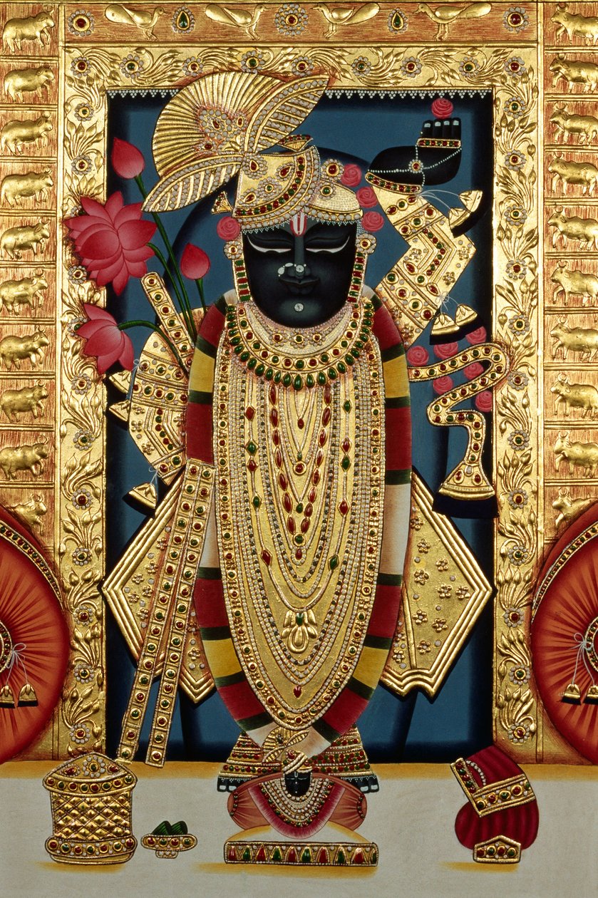Shri Lord Shree Nathji eller Shreenathji i Nathdwara Miniaturemaleri på papir med guldprægning af School Indian