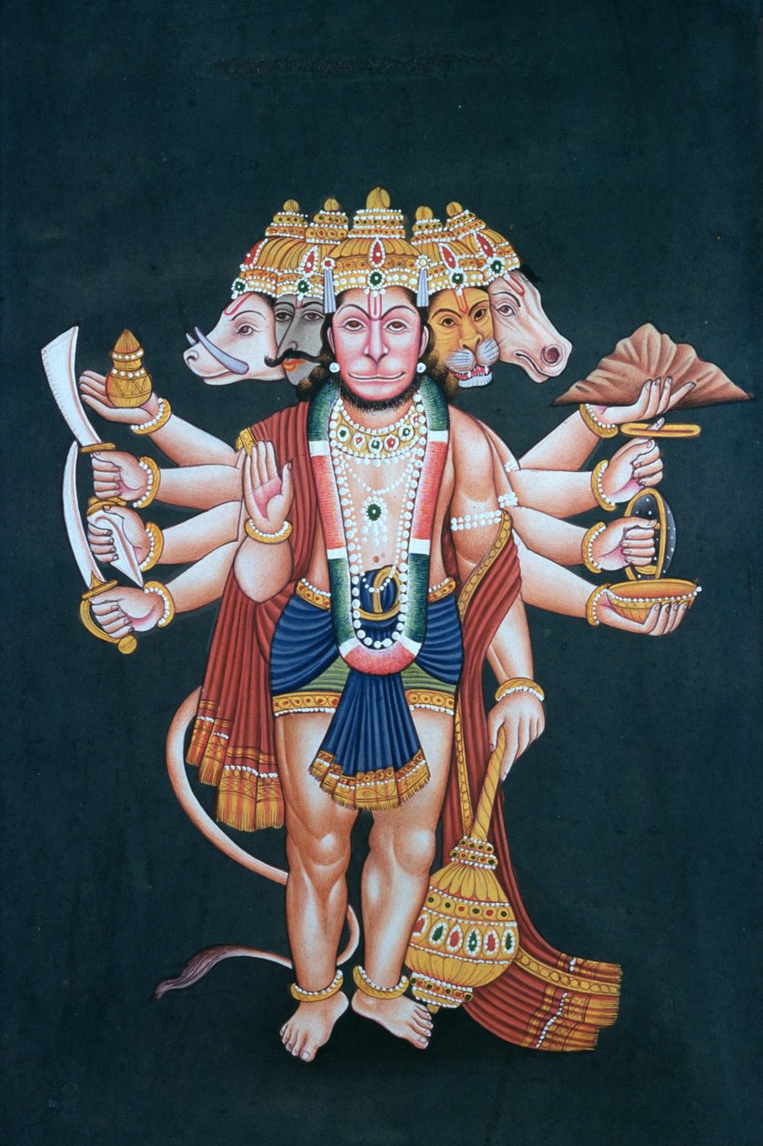 Shri Panchmukhi Hanuman (gouache og akvarel på papir) af School Indian