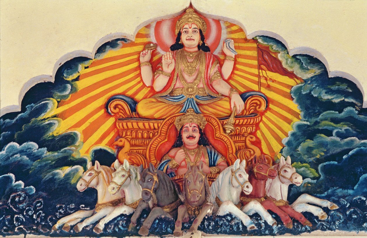Surya Narayan, solguden (malet relief) af School Indian
