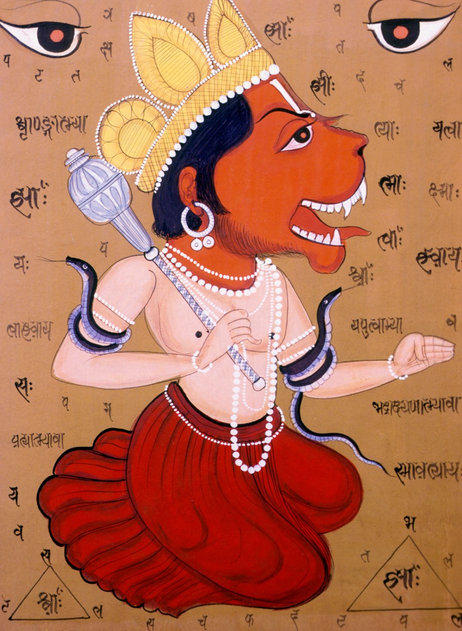 Tantriske Hanuman-miniaturemalerier på papir Indien af School Indian