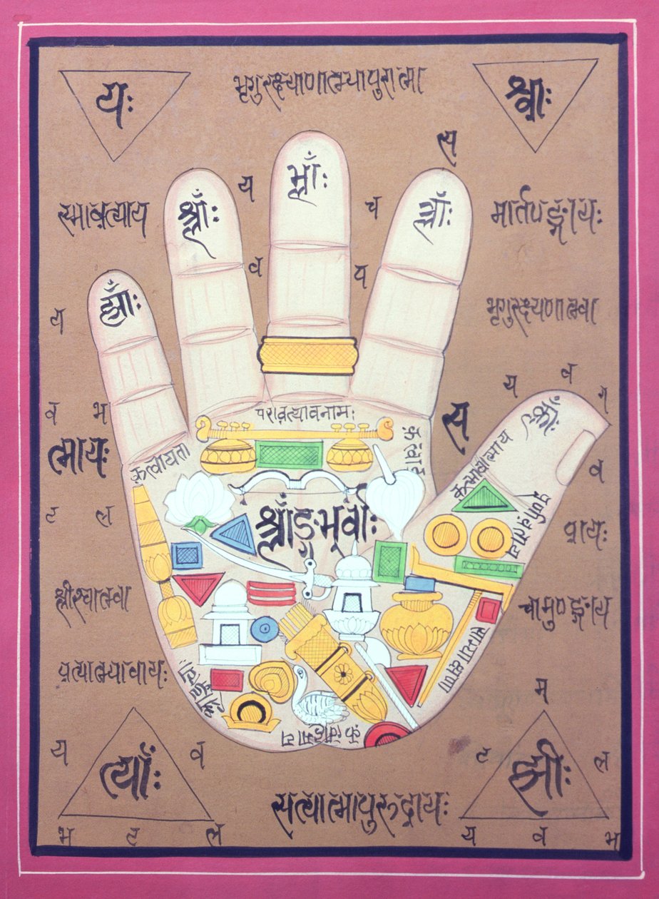 Tantrisk diagram af venstre hånd (gouache og akvarel på papir) af School Indian