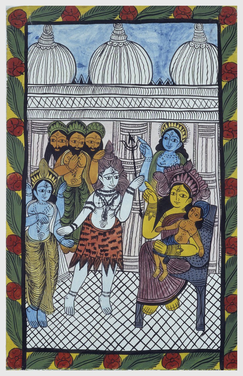 Guderne kommer for at beundre Krishna, legemliggjort i kroppen af et smukt barn, Ganesha (Ganesh eller Ganapati), der sidder på knæene af sin mor Parvati. Pat: malet rulle fra Bengal-regionen, der tjener som et fortællende medium for sangerne Baoul (Baul). af School Indian