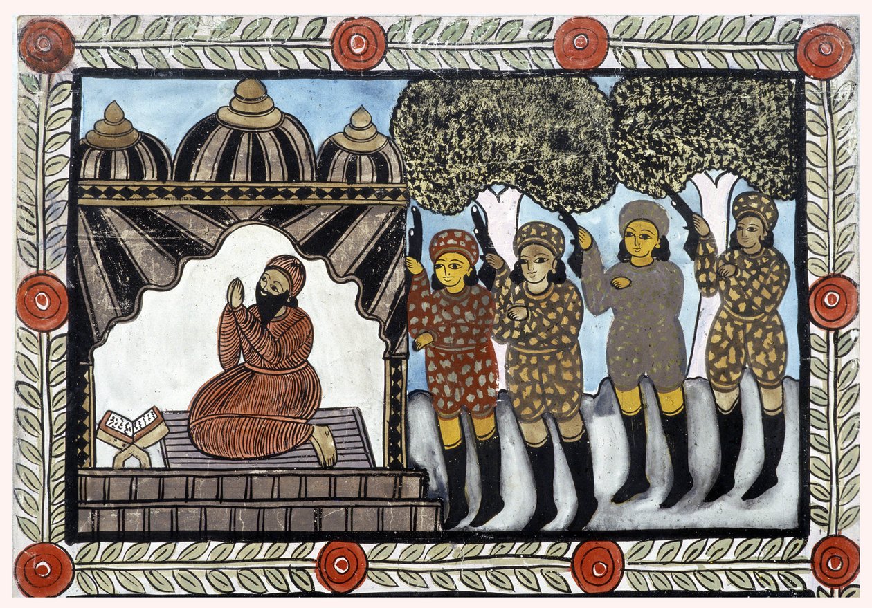 Historien om angrebene den 11. september 2001 fortalt af kræmmerne Baul fra Bengalen. Maleri, serie, nummer 1/9, Bengal. af School Indian