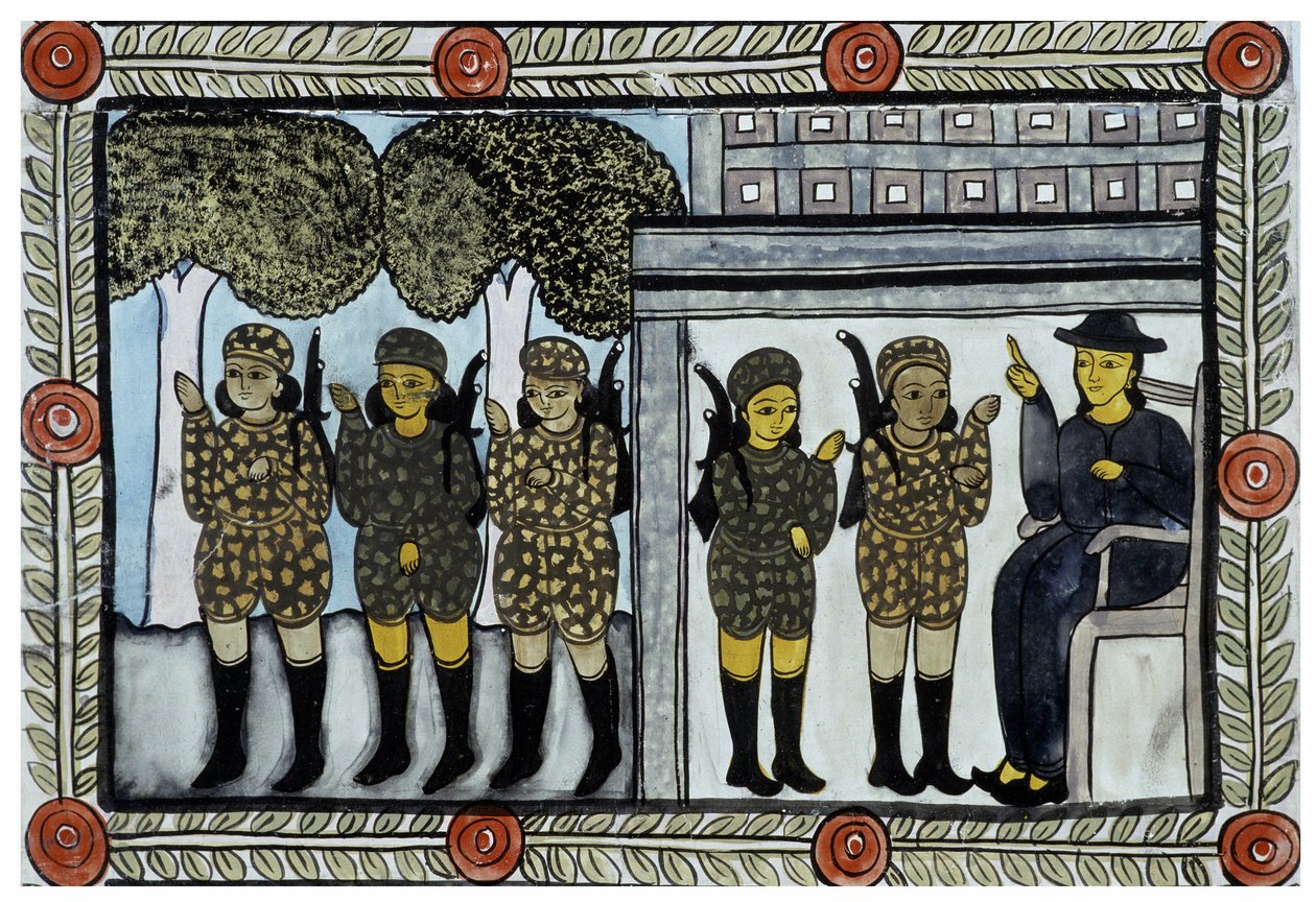 Historien om angrebene den 11. september 2001 fortalt af kræmmerne Baul fra Bengalen. Maleri, serie, nummer 4/9, Bengal. af School Indian