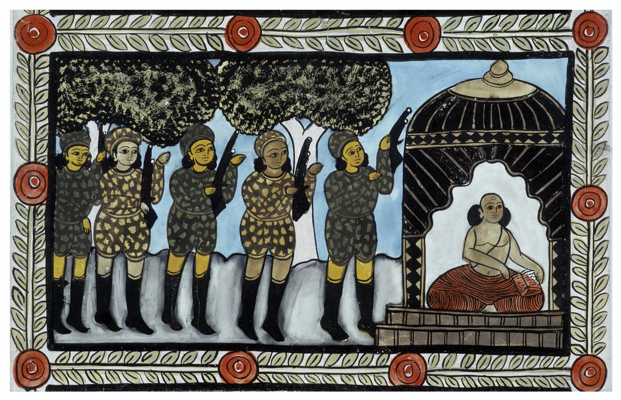 Historien om angrebene den 11. september 2001 fortalt af kræmmerne Baul fra Bengalen. Maleri, serie, nummer 2/9, Bengal. af School Indian