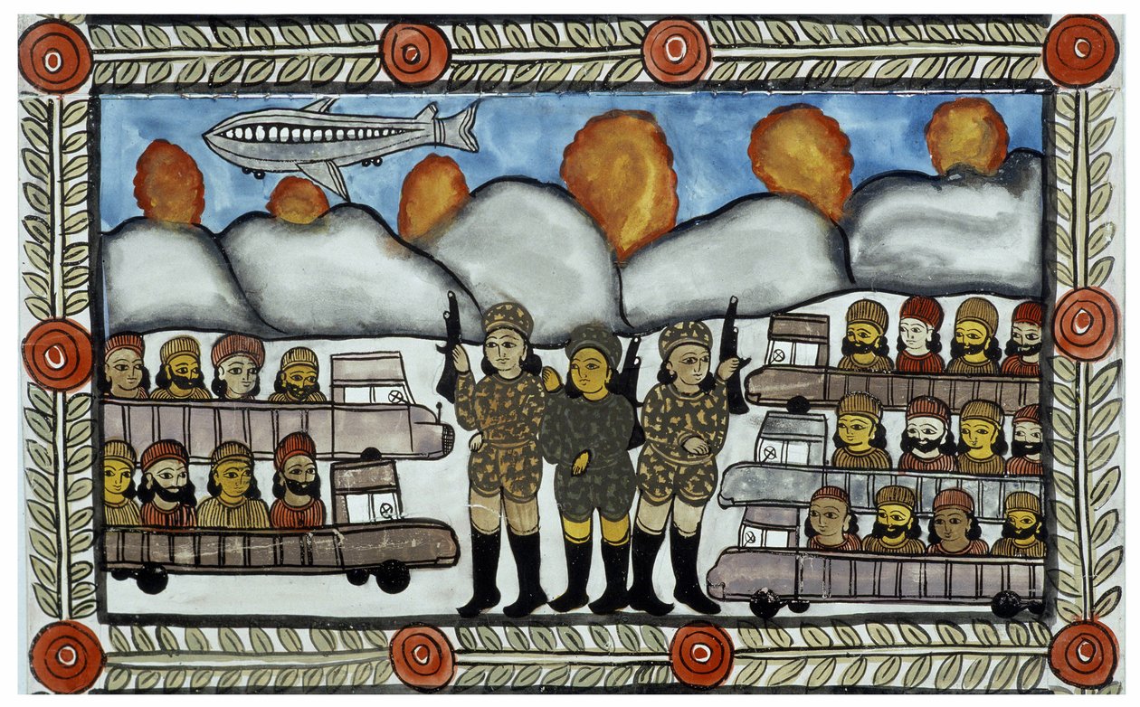 Historien om angrebene den 11. september 2001 fortalt af kræmmerne Baul fra Bengalen. Maleri, serie, nummer 8/9, Bengal. af School Indian