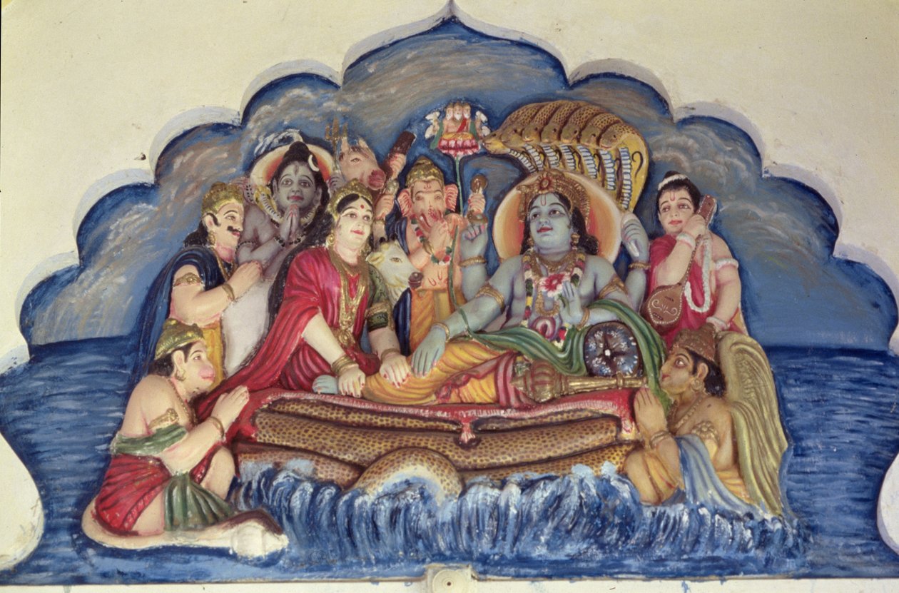 Vishnu Narayana, svævende på Sheshanaga (malet relief) af School Indian