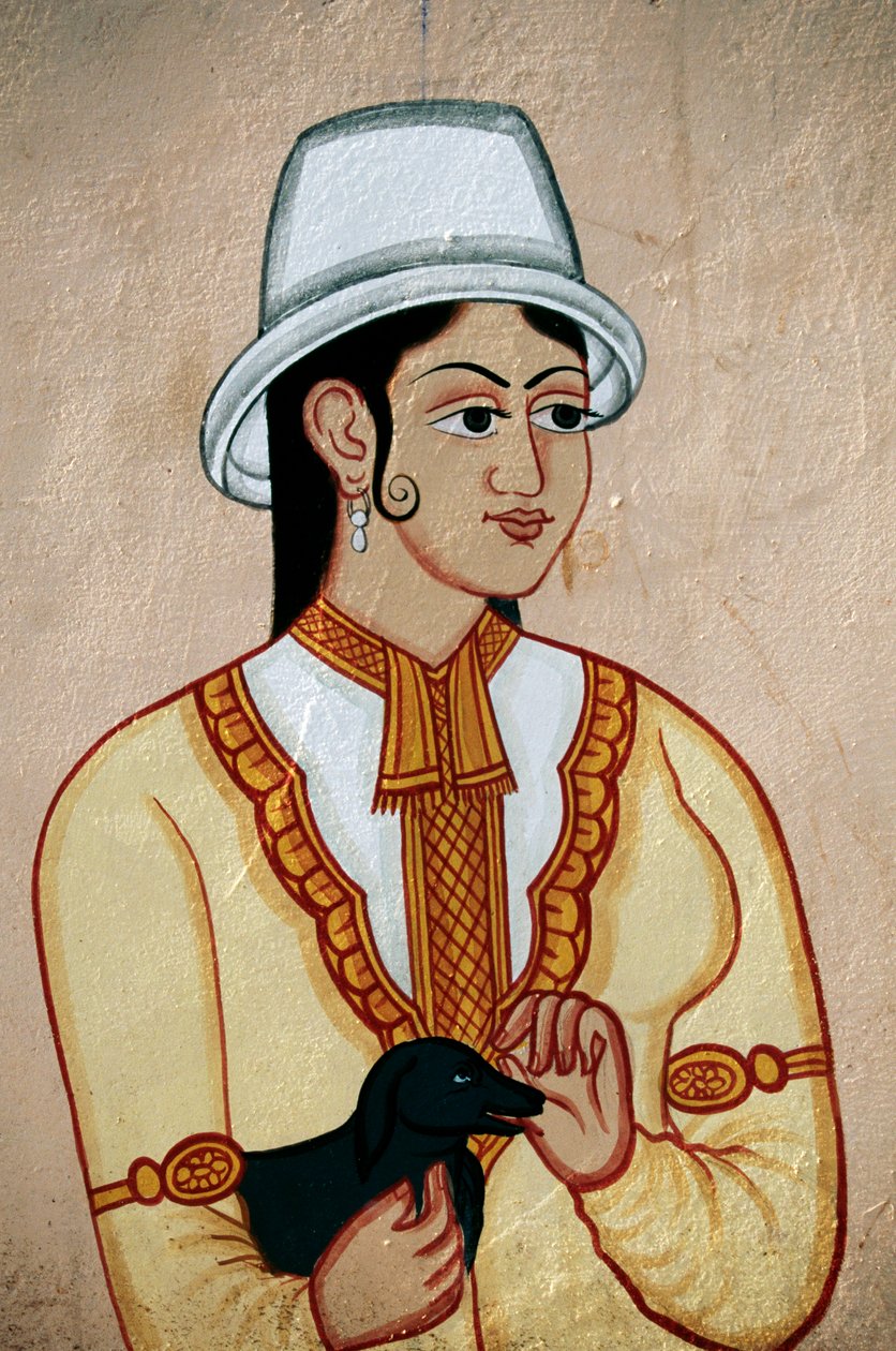 Vægmaleri af britisk dame med hundehvalp, Jaipur, Rajasthan, Indien af School Indian