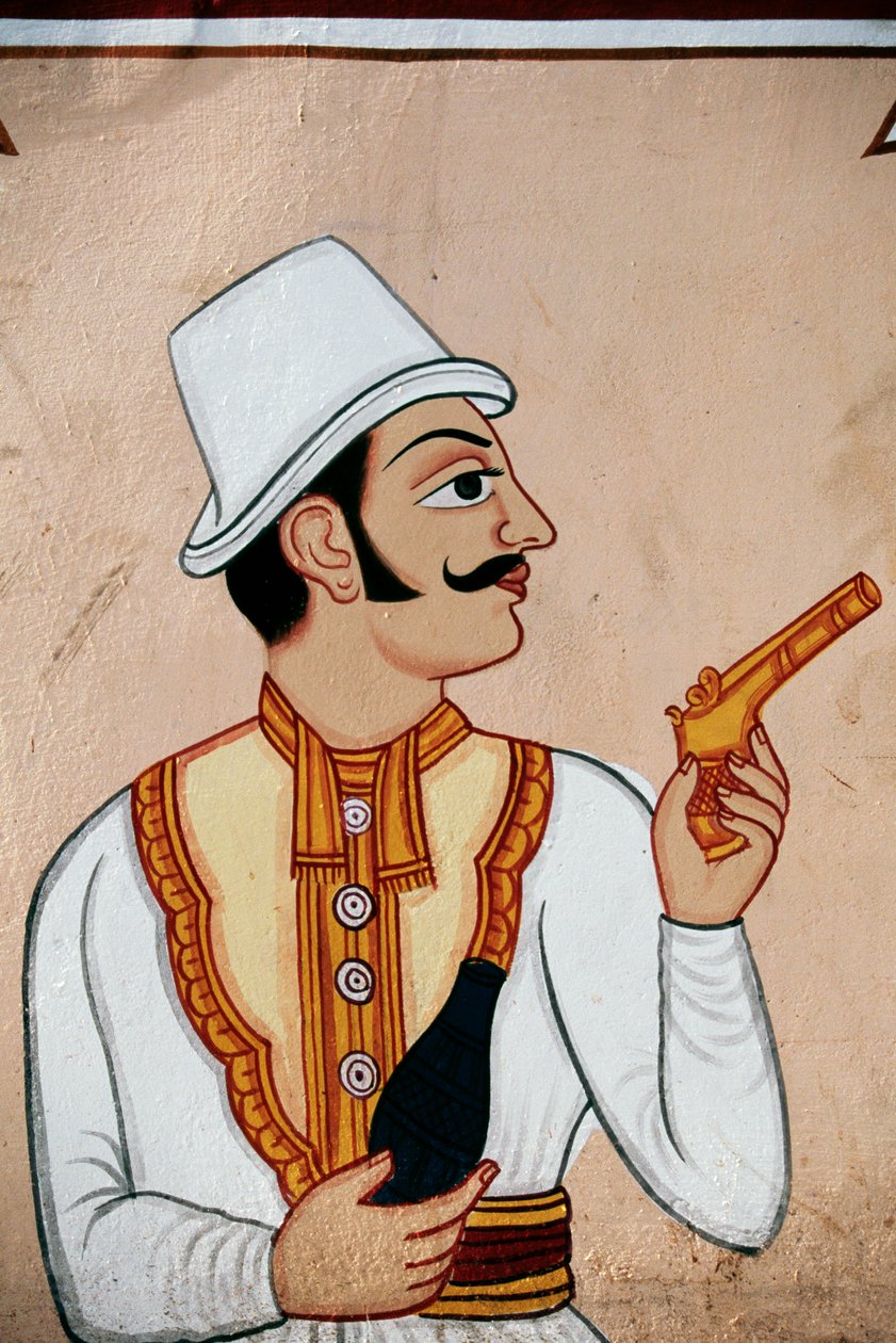 Vægmaleri af britisk soldat med pistol i hånden, Jaipur, Rajasthan, Indien af School Indian