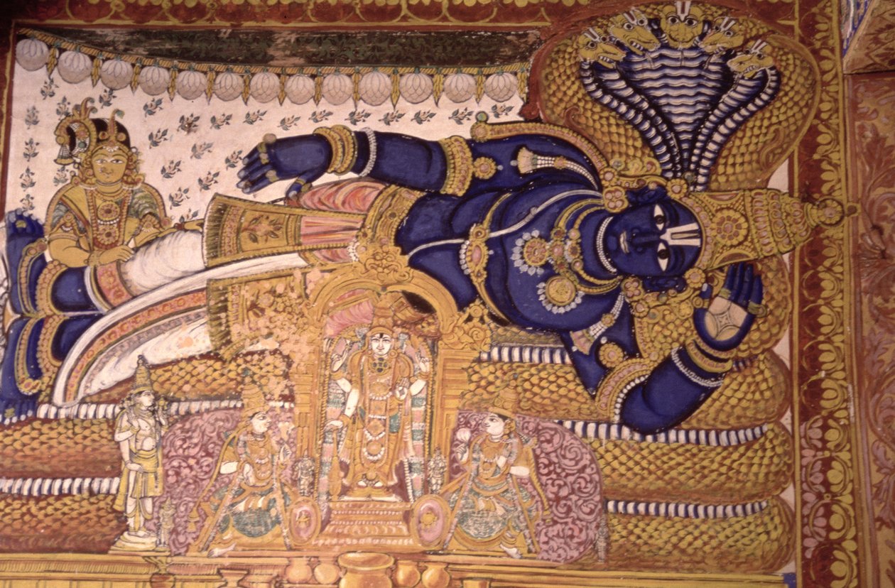 Vægmaleri af guden Vishnu hvilende på en slange (fresco) af School Indian