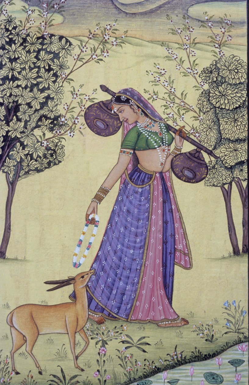 Kvinde med Rudra Veena og blomsterkrans Miniaturemaleri, Indien af School Indian
