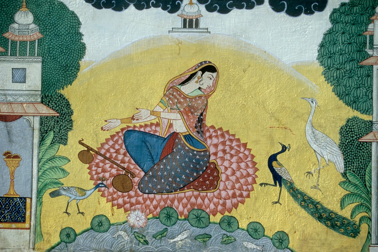 Kvinde med Rudra Veena Miniaturemaleri, Indien af School Indian