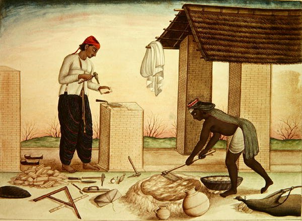 Arbejdere, der bygger et hus (pen & blæk og akvarel på papir) af School Indian