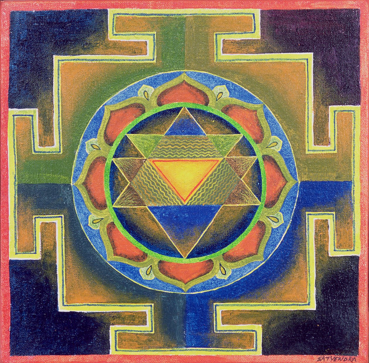 Yantra-maleri (pigment på plade) af School Indian