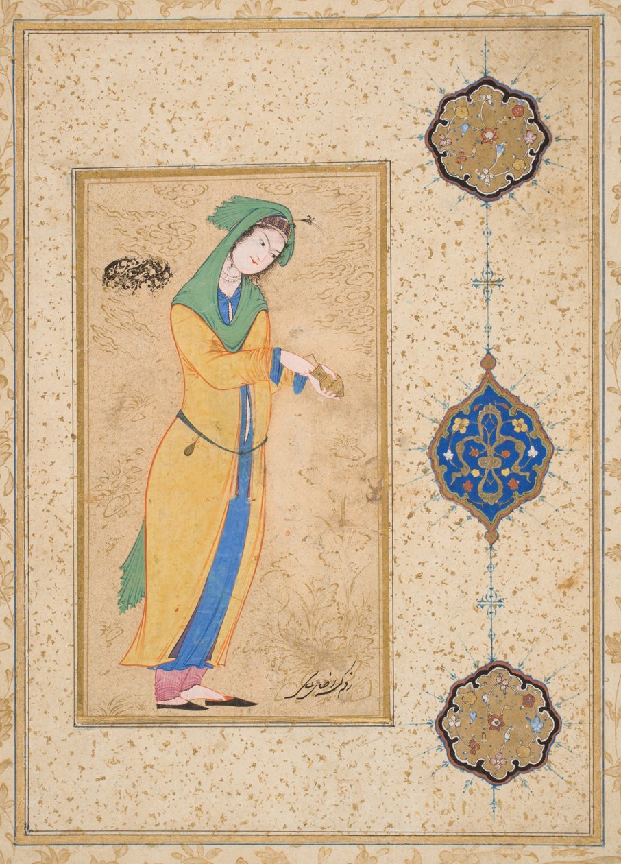 Houri stående i en have (ugennemsigtig akvarel på papir) af School Iranian