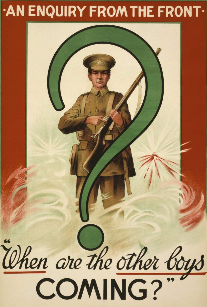 Rekrutteringsplakat fra Første Verdenskrig, udgivet i Irland (farvelitografi) af School Irish