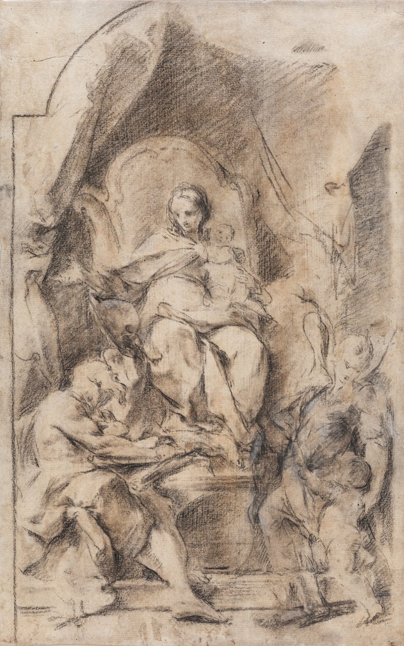 Tilbedelse af Madonna og barnet med St.
Hieronymus og en skytsengel (kul og kridt på papir) af School Italian