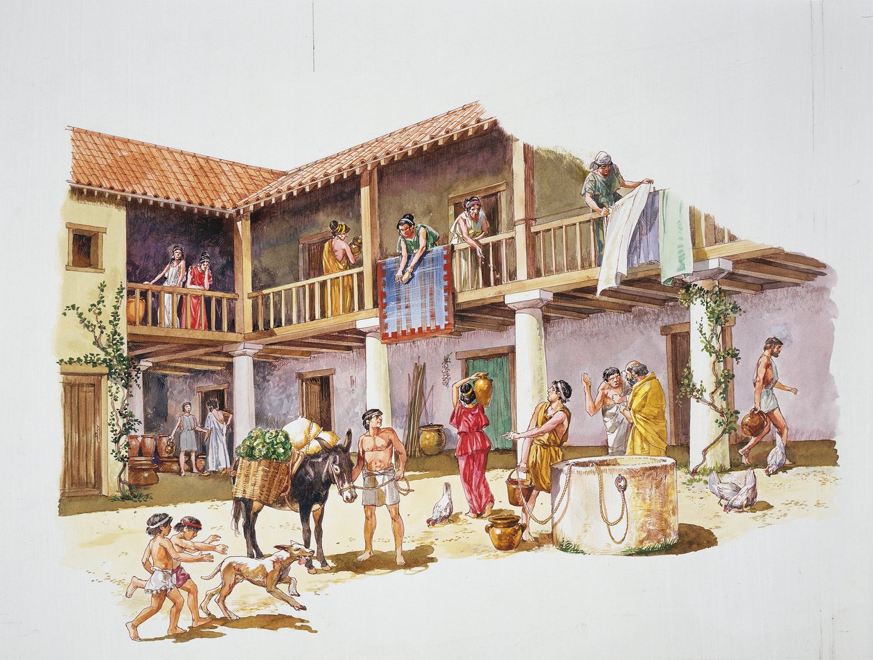 Det gamle Athen - rekonstruktion af et hus (farve litho) af School Italian