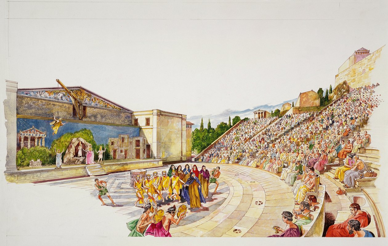 Det gamle Athen - rekonstruktion af et teater (farve litho) af School Italian