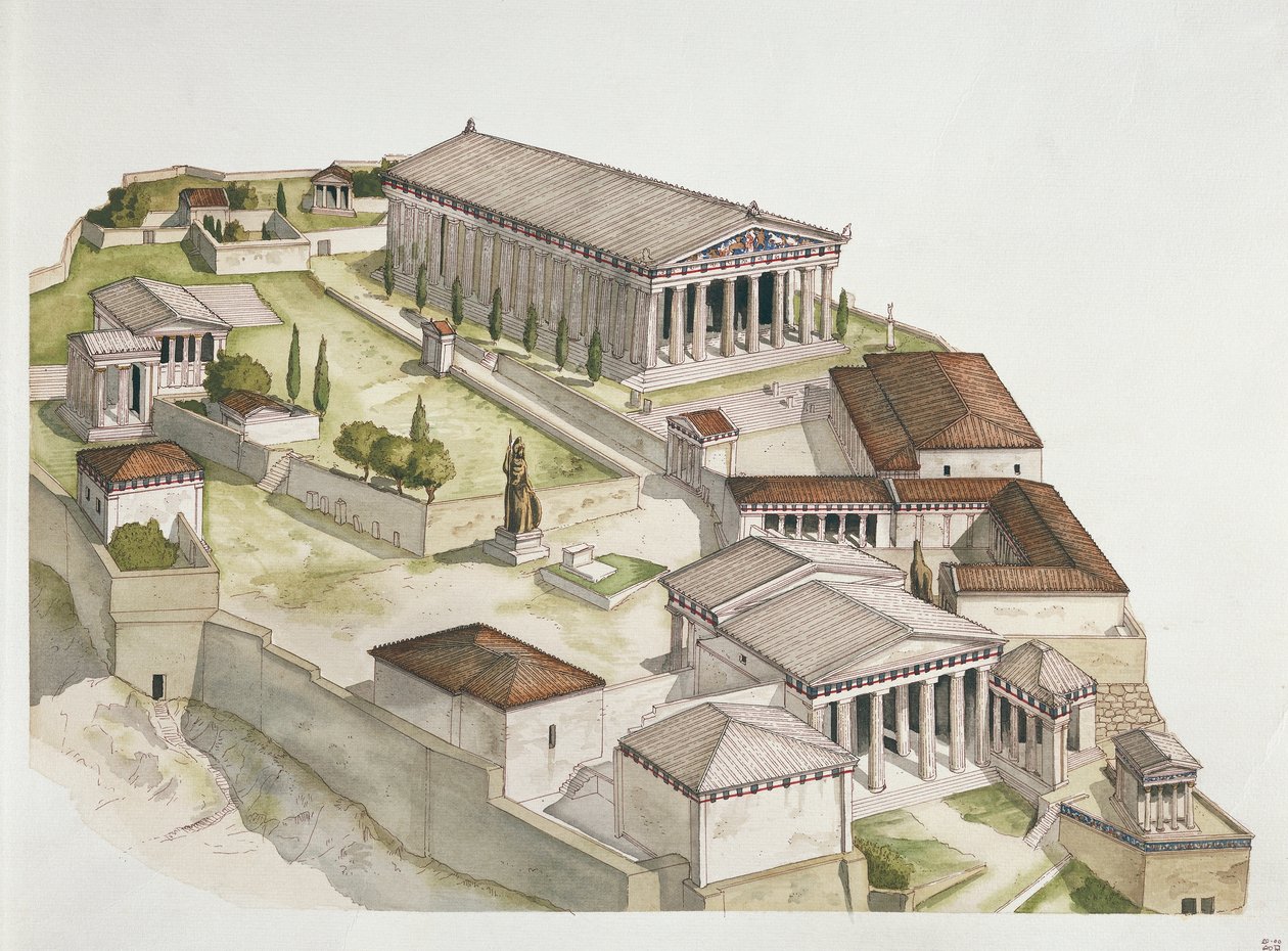 Antikkens Athen - rekonstruktion af Akropolis, 5. århundrede f.Kr. (farve litho) af School Italian