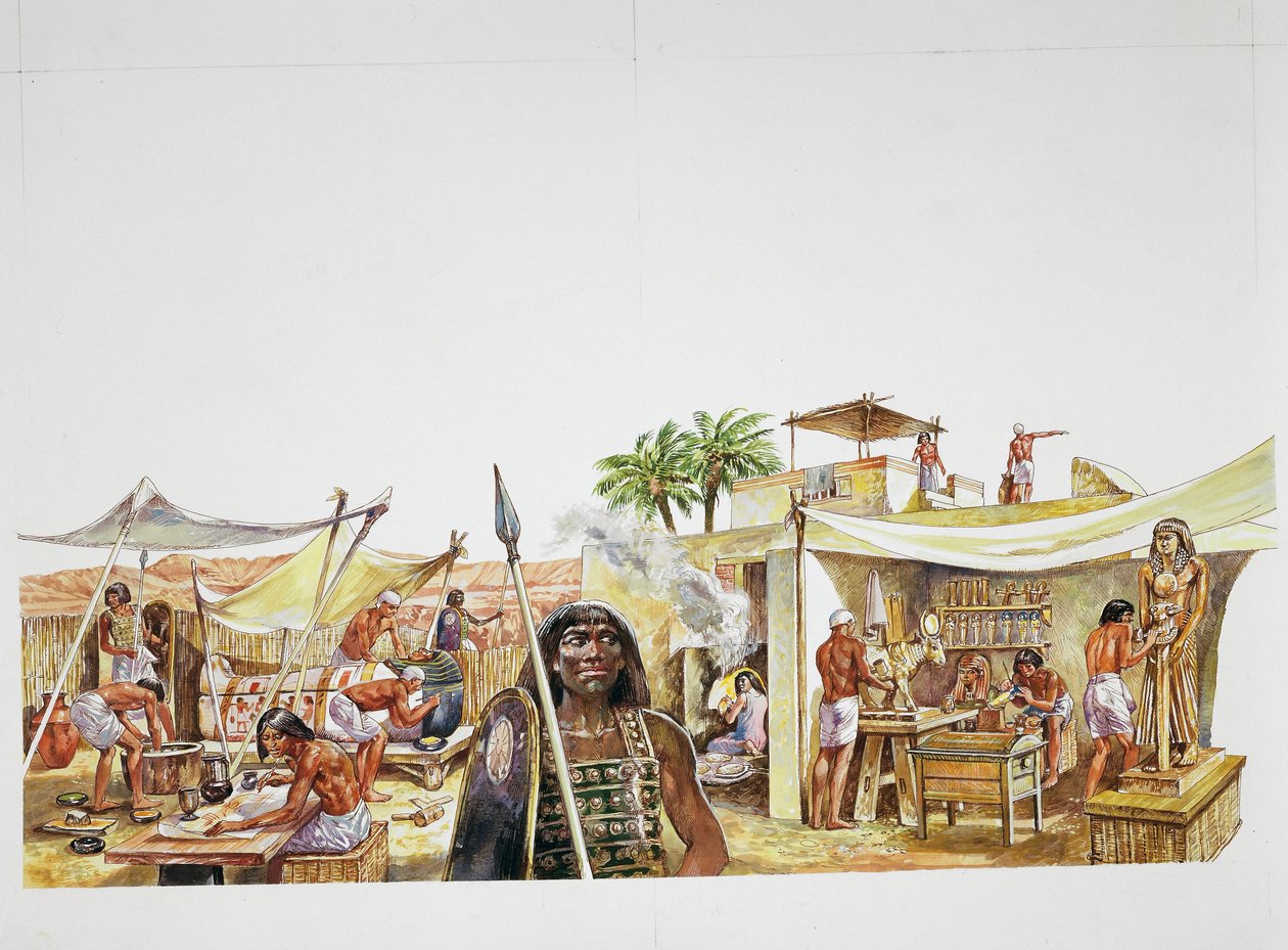 Oldtidens Theben - rekonstruktion af en fjerdedel af Deir el-Medina (farve litho) af School Italian