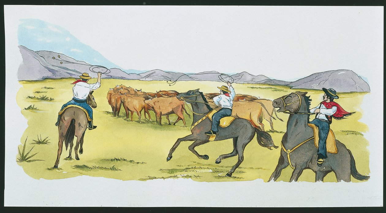Argentina - gauchos samler kvæg i Pampas (farve litho) af School Italian