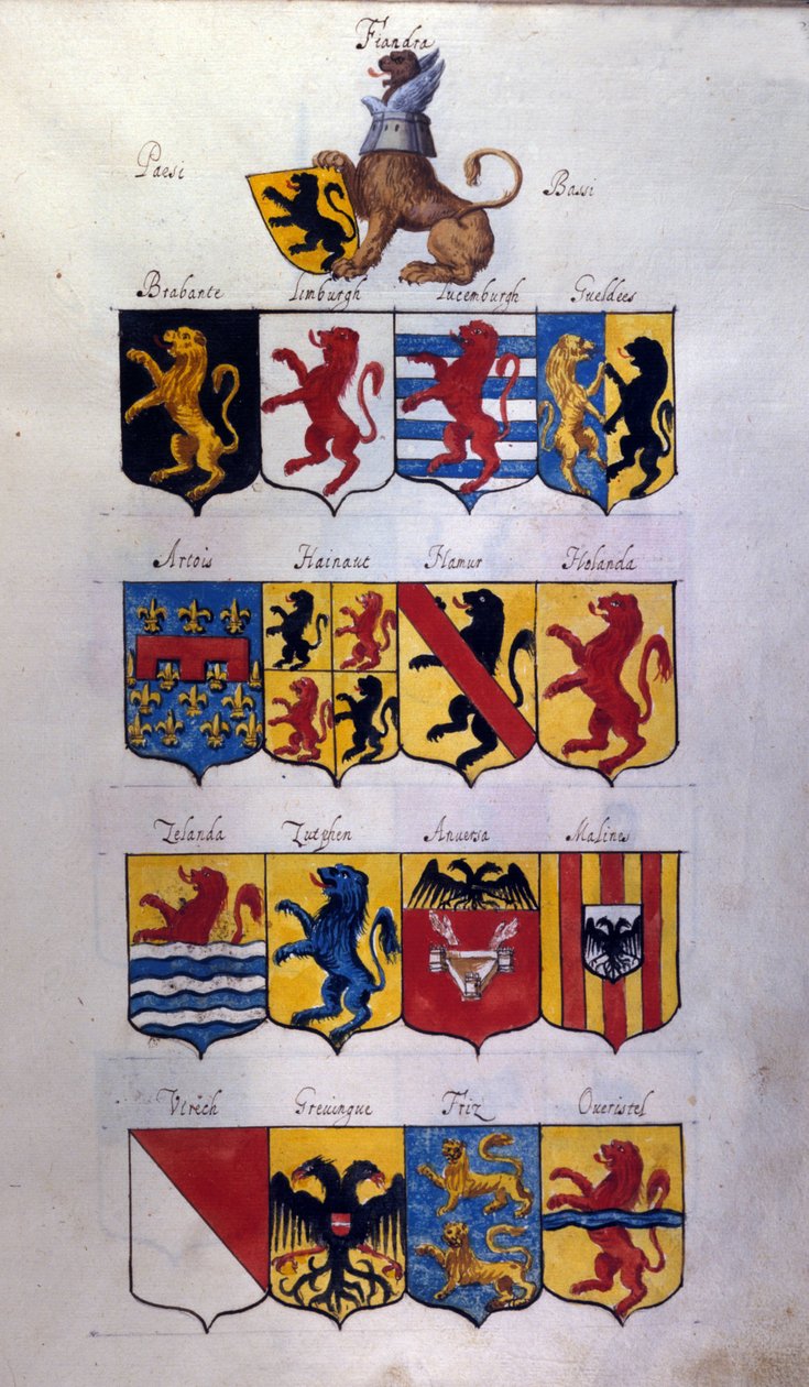 Blazon af Holland (Holland, Flandern, Hainaut) med drager, Archivio di Stato i Milano af School Italian