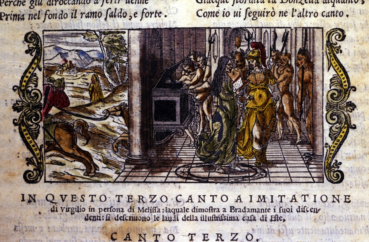 Bradamante møder tryllekunstneren Melisse, som fortæller hende, at hun og Roger (Ruggero, Ruggiero) grundlagde Este-dynastiet, scene taget fra ridderdigtet "Orlando Furioso" (Den rasende Roland) af Ludovico Ariosto (1474 - 1533) dit L