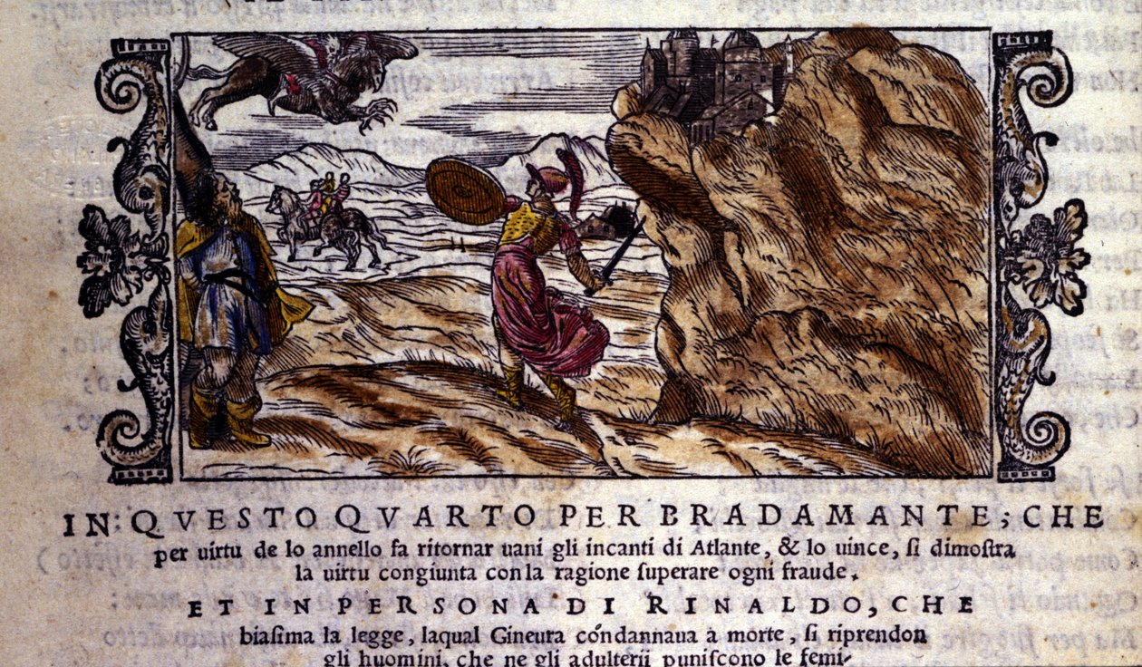 Bradamante river Brunel sin fortryllende ring i stykker, takket være hvilken hun forringer Atlantes magt og leverer Roger (Ruggero, Ruggiero), scene for ridderdigtet "Orlando Furioso" (Den rasende Roland) af Ludovico Ariosto (1474 - 1533) dit L 