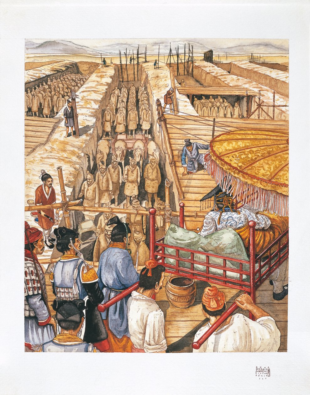 Bygning af kejser Qin Shi Huang-Tis mausoleum, 3. århundrede f.Kr. (farve litho) af School Italian