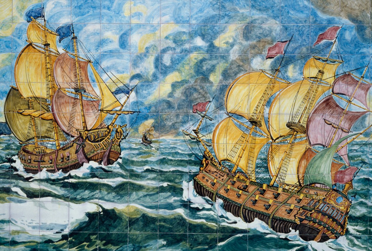 Keramisk panel, der viser to sejlskibe, Vietri sul Mare-produktion, Campania, Italien, Detail af School Italian