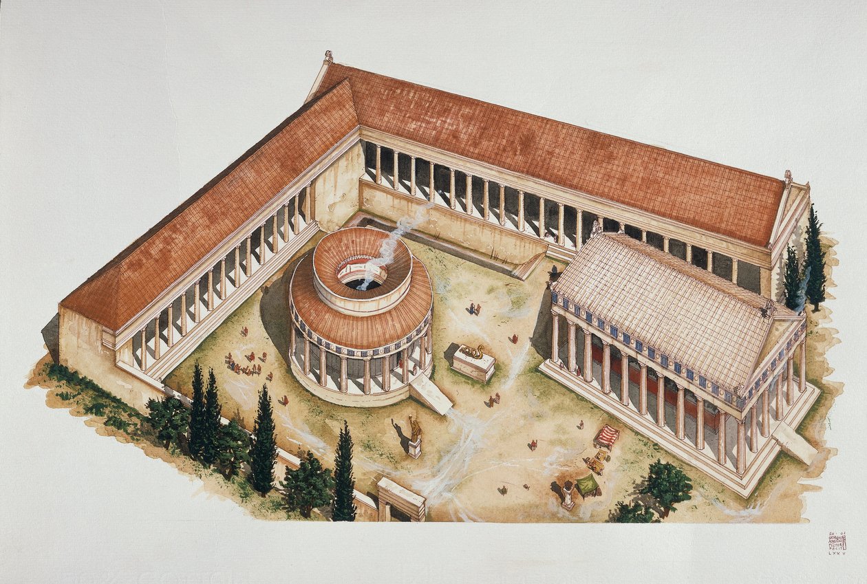 Ceremonielle cirkulære tholos og Asclepius tempel, Epidaurus, 4. århundrede f.Kr. (farve litho) af School Italian