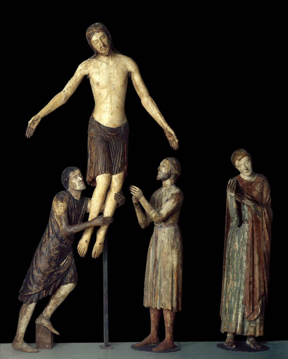 Kryds nedstigning. Sankt Johannes, Sankt Josef af Arimathea, Sankt Nikodeme omkring Jesus Kristus døde. Træskærerarbejde. Italiensk anonym skole i middelalderen. Paris, Louvre-museet af School Italian