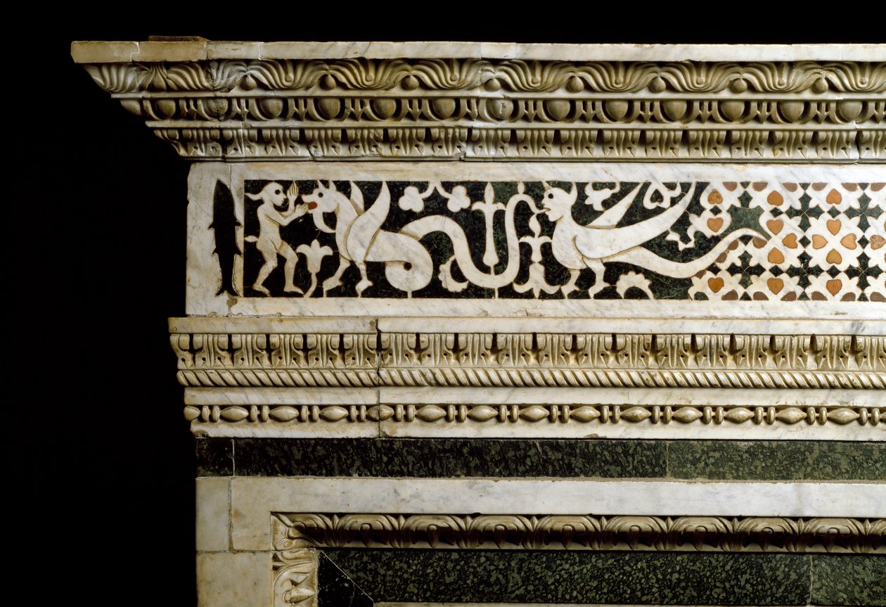Detalje af dekorationerne omkring marmortrandolaen (fotografi) af School Italian