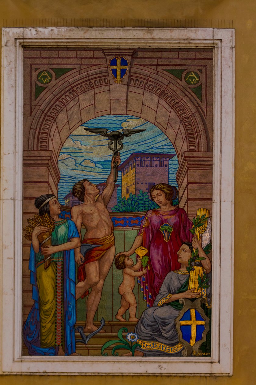 Mosaik på facaden af bygningen i Corso Emanuele II, ved siden af Banca Agricola Mantovana, Mantua (UNESCOs verdensarvsliste, 2008), Lombardiet, Italien af School Italian