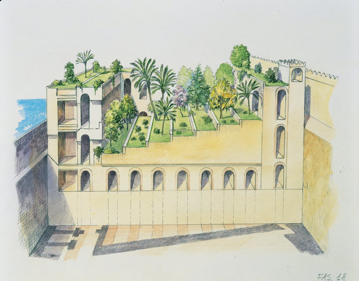 Nebukadnezars palads, Babylon, med hængende haver (farve litho) af School Italian