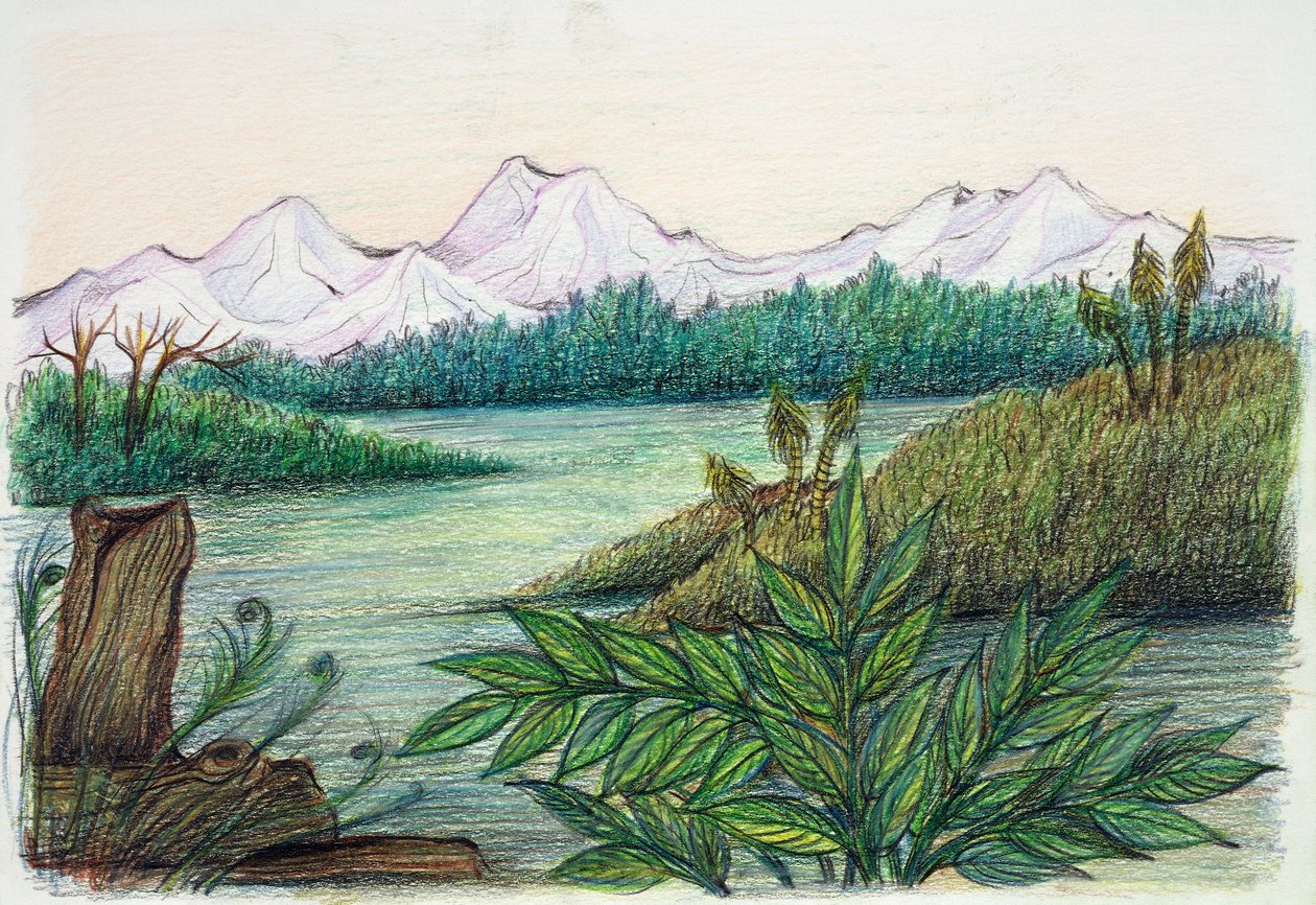 Forhistorisk - rekonstruktion af naturmiljø (farve litho) af School Italian