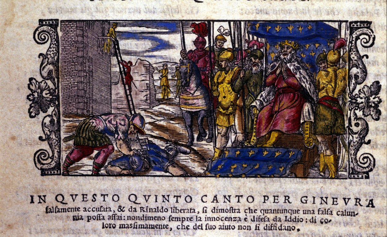 Prinsesse Ginevra er uskyldig, og kampen mellem bagvaskelsen og den ukendte ridder, der kom for at forsvare Ginevra, afbrydes. scene af ridderdigtet af "Orlando Furioso" (Den rasende Roland) af Ludovico Ariosto (1474 - 1533) kaldet L