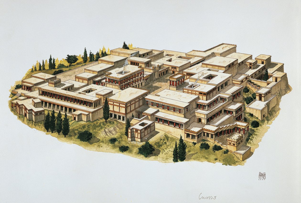 Rekonstruktion af Knossos Palace, Kreta, 20. århundrede f.Kr. (farve litho) af School Italian