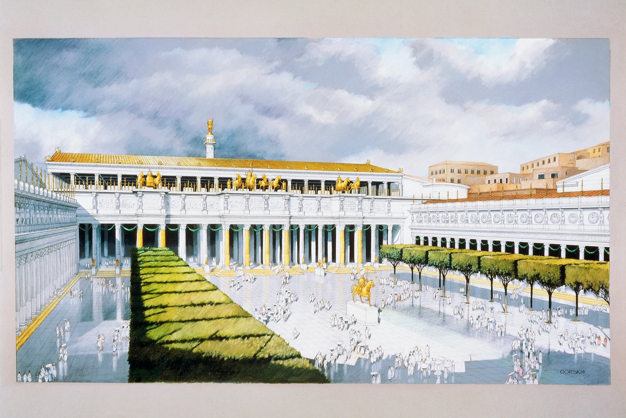 Rekonstruktion af piazzaen ved Trajans Forum, Rom (farve litho) af School Italian