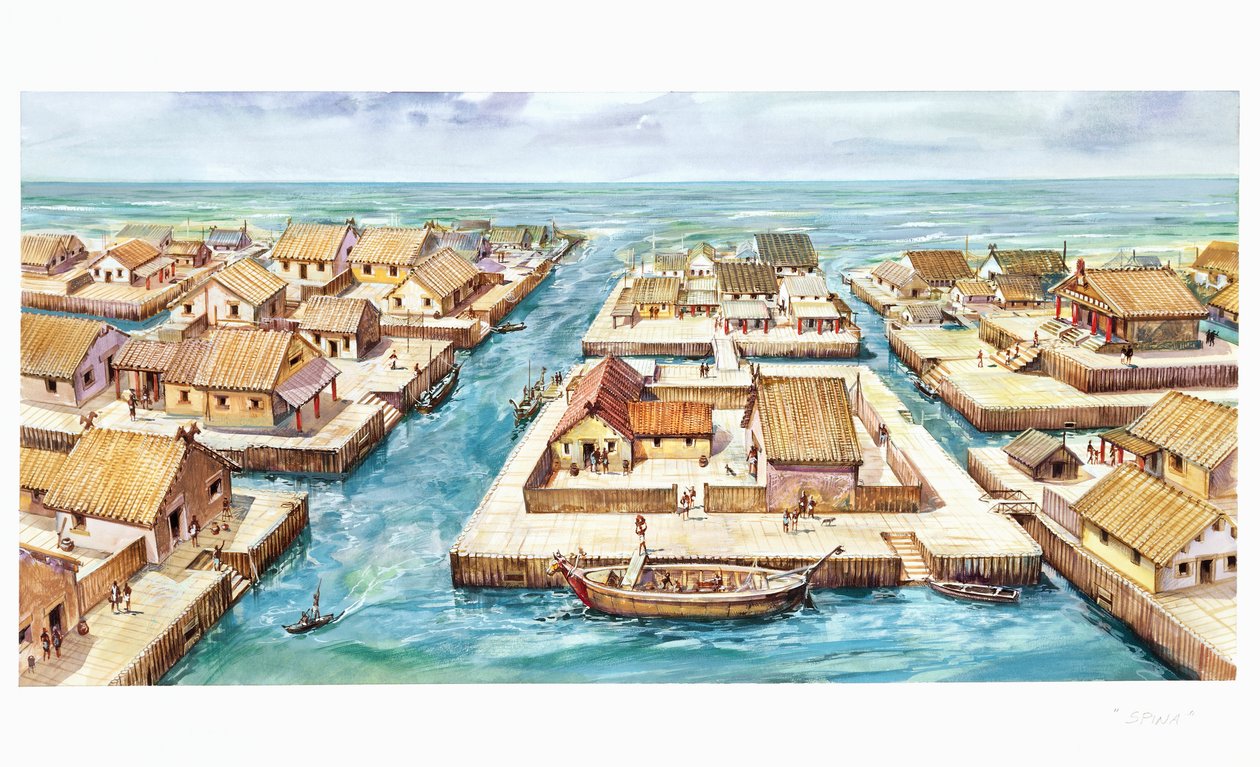 Rekonstruktion af havnen i Spina (farve litho) af School Italian