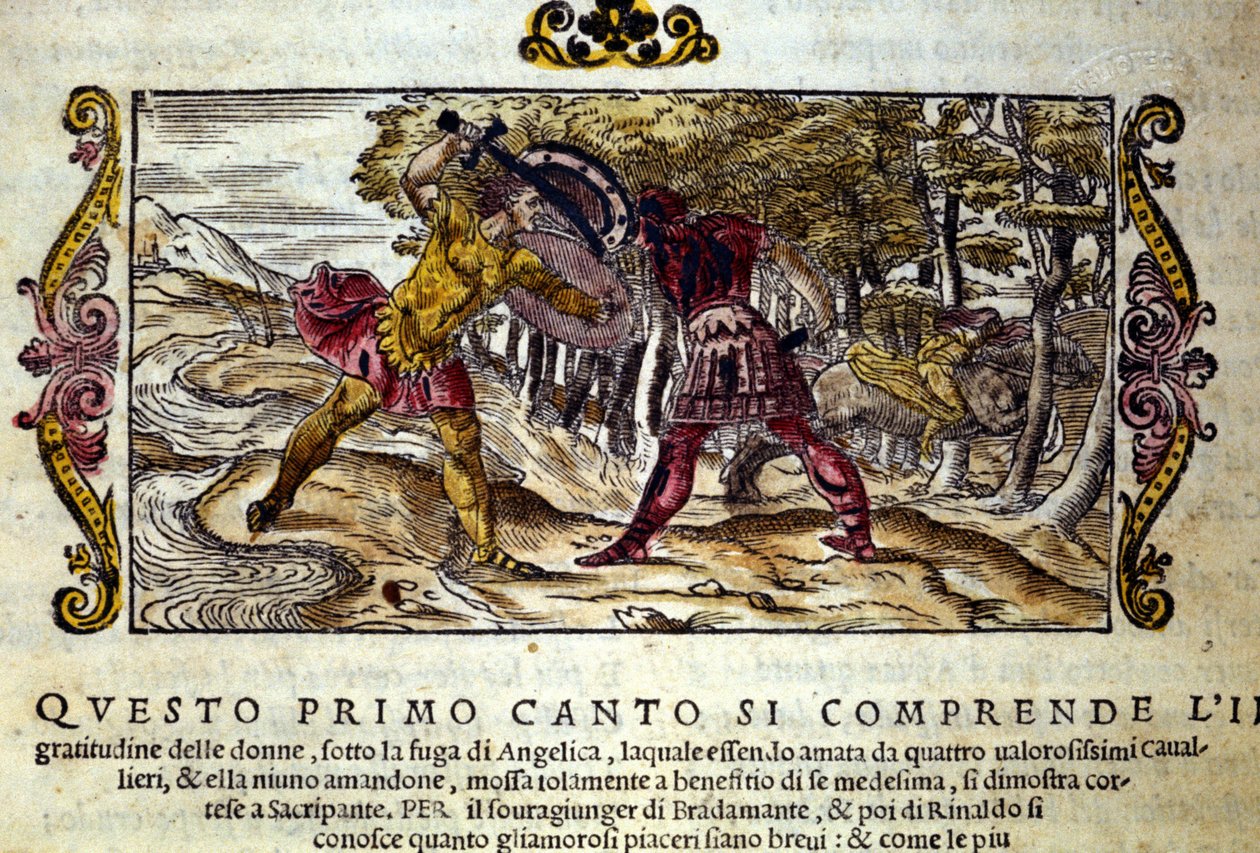 Repræsentation af kampen mellem Ferragus, boghveden og Renaud (Rinaldo), begge forelsket i den smukke Angelica (Angelica), scene taget fra ridderdigtet "Orlando Furioso" (Den rasende Roland) af Ludovico Ariosto (1474-1533) kaldet L