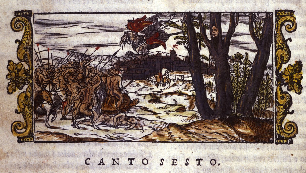 Ruggiero bliver båret af hippogriffen til øen Alcina, hvor han bliver angrebet af en hær af monstre, scene fra "Orlando Furioso" af Ludovico Ariosto (1474-1533) af School Italian