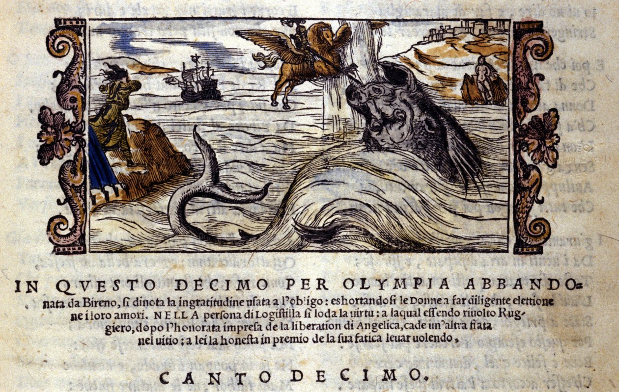 Scene af det ridderlige digt "Orlando Furioso" (Den rasende Roland) af Ludovico Ariosto (1474 - 1533) X L