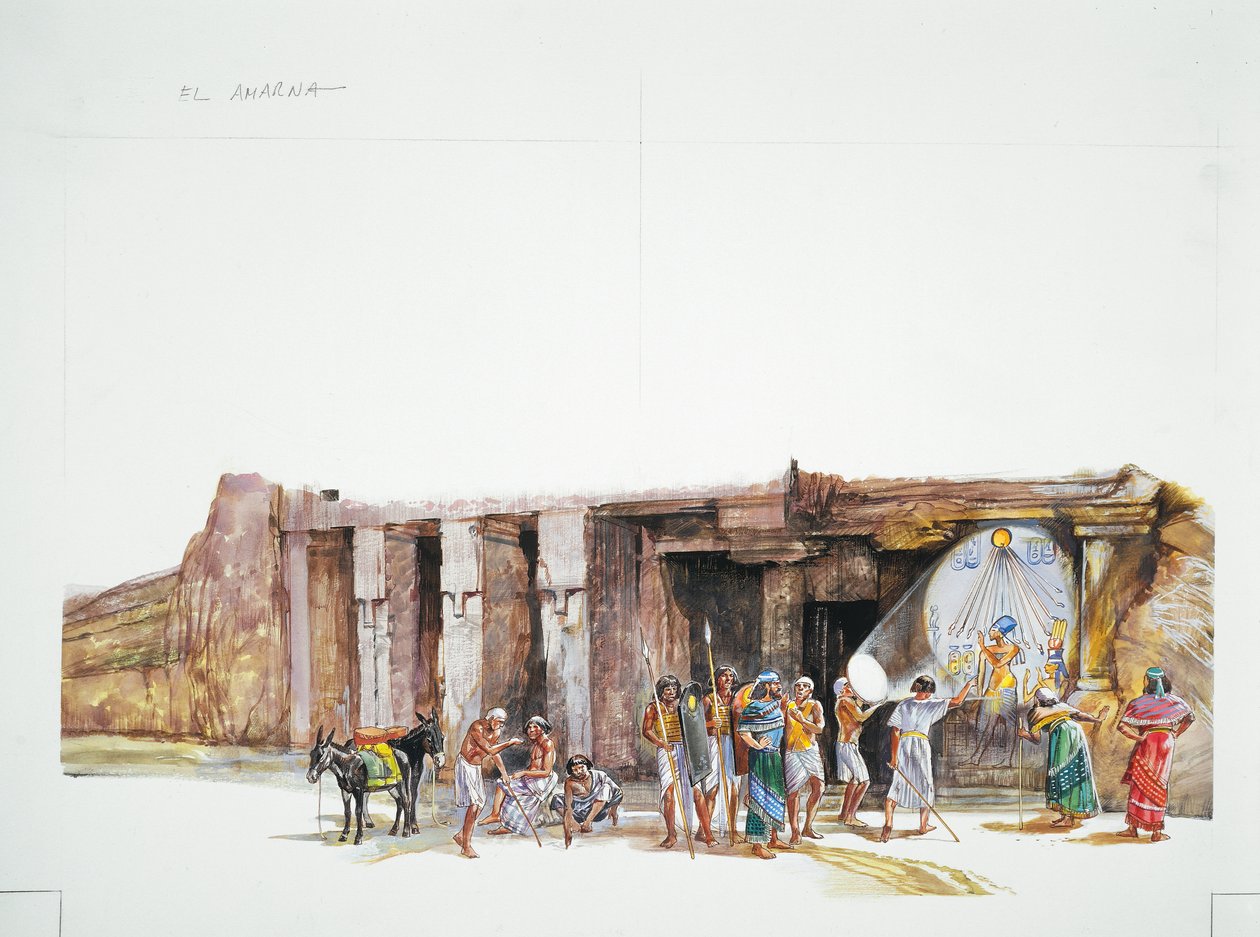 Fortæl el-Amarna - rekonstruktion af tilbedelsen af guden Aton, afbildet som solskiven (farve litho) af School Italian