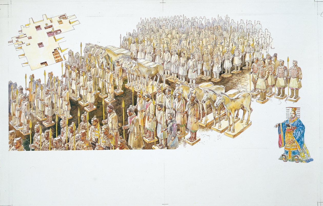 Terracottahær i kejser Qin Shi Huangs grav (farve litho) af School Italian